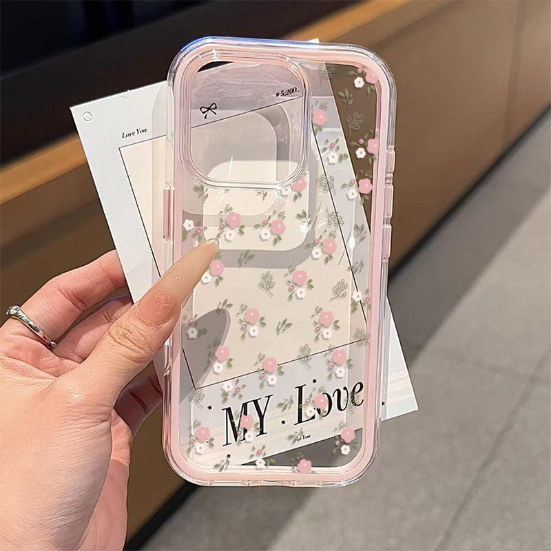 Phone Cases Xs Max - เคสโทรศัพท์ใส TPU นิ่มลายใบไม้สีเขียว ดอกไม้สีชมพู 2in1 สำหรับ