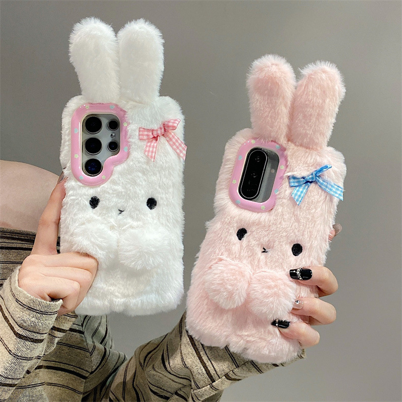 Phone Cases For Samsung - เคสโทรศัพท์ขนนุ่มลายการ์ตูน 3D พร้อมโบว์และหูกระต่าย สำหรับ Samsung Galaxy