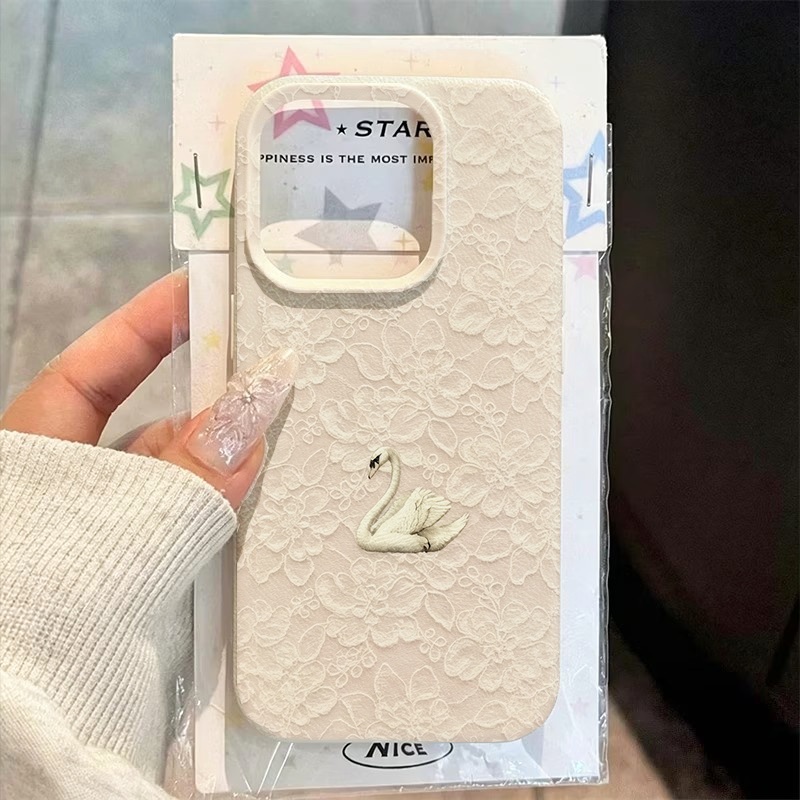Phone Cases Amazon - เคสโทรศัพท์ลายลูกไม้ลายหงส์ ผิวสัมผัสแบบลิ้นจี่ สำหรับ iPhone 17 16